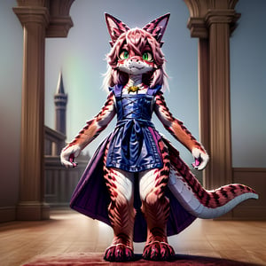 ((((full body)))), A majestic loli dragon neko stands before us. Her dark-scaled skin glistens in the soft, warm light, as if infused with an inner glow. Feline features are prominent - cat ears perked up and a long, fluffy tail extending from her posterior. A Lolita dress of mixed red, pink, and black patterns wraps around her slender form, creating a striking contrast against her dark scales. The overall composition is framed by a subtle gradient of blues and purples in the background, subtly evoking a sense of mystique and wonder.,green reptile hands,Monster girl,Dragon girl,furry,furry female,body fur,animal ear fluff,animal ears,fang