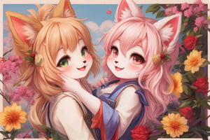 Full body,Two Neko girls in a vibrant fantasy setting, one with fur-covered features and a playful expression, engaging in a tender moment. The scene depicts the futa sister affectionately embracing her sibling, creating a warm atmosphere filled with love. Include a speech bubble that reads 'Love you, sis,' capturing their close bond. The background should feature whimsical elements like cherry blossom trees and soft pastel colors to enhance the overall affectionate