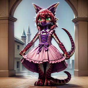 ((((full body)))), A majestic loli dragon neko stands before us. Her dark-scaled skin glistens in the soft, warm light, as if infused with an inner glow. Feline features are prominent - cat ears perked up and a long, fluffy tail extending from her posterior. A Lolita dress of mixed red, pink, and black patterns wraps around her slender form, creating a striking contrast against her dark scales. The overall composition is framed by a subtle gradient of blues and purples in the background, subtly evoking a sense of mystique and wonder.,green reptile hands,Monster girl,Dragon girl,furry,furry female,body fur,animal ear fluff,animal ears,fang