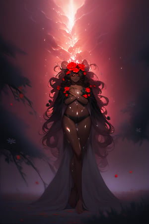 ((full body)),In a mystical forest, bathed in soft, ethereal light, a headless young woman with long silver curly hair and striking red eyes poses eerily beautiful. The camera frames her full figure against the misty trees, where the eerie silence is only broken by the gentle sway of vines. Her dark skin glistens as she holds her own dissevered head in one hand, surrounded by intricate black bikini armor adorned with vibrant red flower accents that seem to pulsate with an otherworldly energy. The flowers' delicate petals and stems are textured with lifelike detail, contrasting stunningly against her dark skin tone.