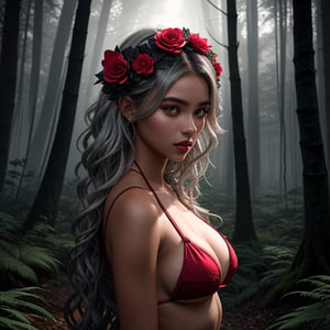 A headless young woman with long silver curly hair and striking red eyes, wearing intricate black bikini armor adorned with vibrant red flower accents. She holds her own head in one hand, creating a surreal and captivating image. The background is a mystical forest with soft, ethereal lighting that enhances the otherworldly atmosphere of the scene. The armor should have detailed textures, and the flowers should appear vivid and lifelike, contrasting beautifully against her dark skin tone.