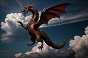 A majestic snake-like dragon with sharp claws soars through a turbulent sky, her metallic red and black scales shimmering as she weaves between the clouds.