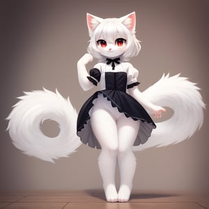 white neko girl, white cat ears, fluffy fur, fur body, white fur body, white fur, white fluffy cat tail, ((((full body)))), ((one tail)), two ears,cat eyes,split pupils, red gothic lolita, detail eyes