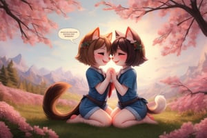 Full body,Two Neko girls in a vibrant fantasy setting, one with fur-covered features and a playful expression, engaging in a tender moment. The scene depicts the futa sister affectionately embracing her sibling, creating a warm atmosphere filled with love. Include a speech bubble that reads 'Love you, sis,' capturing their close bond. The background should feature whimsical elements like cherry blossom trees and soft pastel colors to enhance the overall affectionate