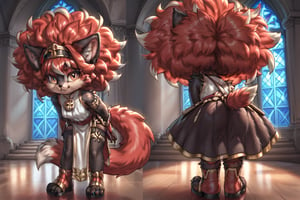 A full-body illustration of a young girl with cat ears and a long, bushy cat tail, featuring reddish-black fur. She has a large, vibrant afro styled in red hair, complemented by black fingernails and black toenails. The girl is dressed in a unique habit suitable for church, showcasing intricate details. The artwork should present multiple views to highlight her playful demeanor and the texture of her fur skin, capturing both her feline traits and youthful charm,score_9,ssource_furry,furry,anthro,detailed fur,body fur,tuft,fluffy