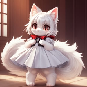 white neko girl, white cat ears, fluffy fur, fur body, white fur body, white fur, white fluffy cat tail, ((((full body)))), ((one tail)), two ears,cat eyes,split pupils, red gothic lolita, detail eyes