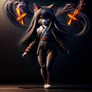 ((((full body)))),kunoichi, neko, girl, fur body, dark color fur, fluffy fur, pointy cat ears, long curly cat ears, absurdly long cherry hair, black eyes, smoke fur,cateyes, throwing shuriken