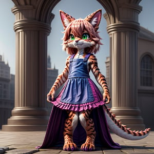 ((((full body)))), A majestic loli dragon neko stands before us. Her dark-scaled skin glistens in the soft, warm light, as if infused with an inner glow. Feline features are prominent - cat ears perked up and a long, fluffy tail extending from her posterior. A Lolita dress of mixed red, pink, and black patterns wraps around her slender form, creating a striking contrast against her dark scales. The overall composition is framed by a subtle gradient of blues and purples in the background, subtly evoking a sense of mystique and wonder.,green reptile hands,Monster girl,Dragon girl,furry,furry female,body fur,animal ear fluff,animal ears,fang