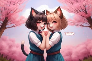 Two Neko girls in a vibrant fantasy setting, one with fur-covered features and a playful expression, engaging in a tender moment. The scene depicts the futa sister affectionately embracing her sibling, creating a warm atmosphere filled with love. Include a speech bubble that reads 'Love you, sis,' capturing their close bond. The background should feature whimsical elements like cherry blossom trees and soft pastel colors to enhance the overall affectionate