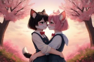 Two Neko girls in a vibrant fantasy setting, one with fur-covered features and a playful expression, engaging in a tender moment. The scene depicts the futa sister affectionately embracing her sibling, creating a warm atmosphere filled with love. Include a speech bubble that reads 'Love you, sis,' capturing their close bond. The background should feature whimsical elements like cherry blossom trees and soft pastel colors to enhance the overall affectionate