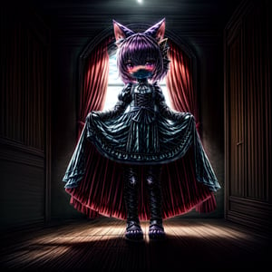 ((((full body)))), A majestic loli dragon neko stands before us. Her dark-scaled skin glistens in the soft, warm light, as if infused with an inner glow. Feline features are prominent - cat ears perked up and a long, fluffy tail extending from her posterior. A Lolita dress of mixed red, pink, and black patterns wraps around her slender form, creating a striking contrast against her dark scales. The overall composition is framed by a subtle gradient of blues and purples in the background, subtly evoking a sense of mystique and wonder.,green reptile hands,Monster girl,Dragon girl