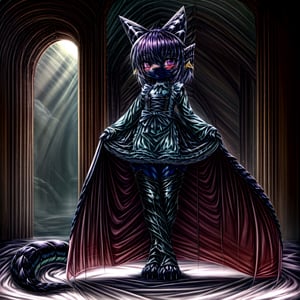 ((((full body)))), A majestic loli dragon neko stands before us. Her dark-scaled skin glistens in the soft, warm light, as if infused with an inner glow. Feline features are prominent - cat ears perked up and a long, fluffy tail extending from her posterior. A Lolita dress of mixed red, pink, and black patterns wraps around her slender form, creating a striking contrast against her dark scales. The overall composition is framed by a subtle gradient of blues and purples in the background, subtly evoking a sense of mystique and wonder.,green reptile hands,Monster girl,Dragon girl