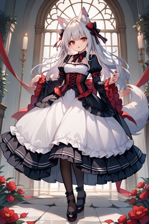 wolf girl,fur body,white wolf fur,white wolf ears,red eyes,white wolf tail, gothic lolita,full body,score_9,score_8_up,score_7_up,source_anime,BREAK