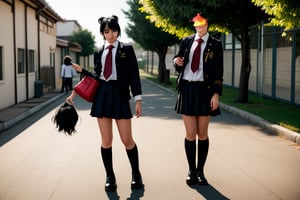 ((full body)),A petite teenage dullahan with flowing black hair and a mischievous smile, wearing a modern school uniform, holding her own head under one arm while playfully interacting with her friends in a vibrant schoolyard setting. The scene captures a blend of fantasy and everyday life, showcasing her unique character traits and the whimsical nature of her existence.,DisembodiedHead,holding head,headless