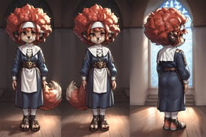 A young girl with a vibrant afro and striking features sits in a traditional church, her reddish-black fur-skin blending seamlessly into the dark wooden pews. Her cat-like ears perk up, as if attuned to the reverent atmosphere. A fluffy tail flicks back and forth, a habit she can't shake. Her bright red hair contrasts with the somber surroundings, while her black fingernails and toenails add a touch of edginess. Framed in full-body, the camera captures multiple views: a close-up on her curious face, a profile showcasing her unique features, and a wide shot highlighting her striking presence amidst the hallowed space.,score_9,ssource_furry,furry,anthro,detailed fur,body fur,tuft