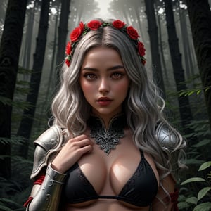 A headless young woman with long silver curly hair and striking red eyes, wearing intricate black bikini armor adorned with vibrant red flower accents. She holds her own head in one hand, creating a surreal and captivating image. The background is a mystical forest with soft, ethereal lighting that enhances the otherworldly atmosphere of the scene. The armor should have detailed textures, and the flowers should appear vivid and lifelike, contrasting beautifully against her dark skin tone.