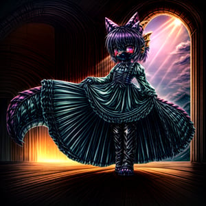 ((((full body)))), A majestic loli dragon neko stands before us. Her dark-scaled skin glistens in the soft, warm light, as if infused with an inner glow. Feline features are prominent - cat ears perked up and a long, fluffy tail extending from her posterior. A Lolita dress of mixed red, pink, and black patterns wraps around her slender form, creating a striking contrast against her dark scales. The overall composition is framed by a subtle gradient of blues and purples in the background, subtly evoking a sense of mystique and wonder.,green reptile hands,Monster girl,Dragon girl