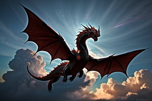 A majestic snake-like dragon with sharp claws soars through a turbulent sky, her metallic red and black scales shimmering as she weaves between the clouds.