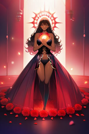 In a mystical forest bathed in soft, ethereal light, a headless young woman with long silver curly hair and striking red eyes poses eerily beautiful. Her dark skin glistens as she holds her own dissevered head in one hand, surrounded by intricate black bikini armor adorned with vibrant red flower accents that seem to pulsate with an otherworldly energy. The flowers' delicate petals and stems are textured with lifelike detail, contrasting stunningly against her dark skin tone. ((full body))