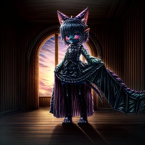 ((((full body)))), A majestic loli dragon neko stands before us. Her dark-scaled skin glistens in the soft, warm light, as if infused with an inner glow. Feline features are prominent - cat ears perked up and a long, fluffy tail extending from her posterior. A Lolita dress of mixed red, pink, and black patterns wraps around her slender form, creating a striking contrast against her dark scales. The overall composition is framed by a subtle gradient of blues and purples in the background, subtly evoking a sense of mystique and wonder.,green reptile hands,Monster girl,Dragon girl