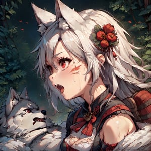 wolf girl,white wolf fur,white wolf ears,red eyes,white wolf tail,score_9,score_8_up,score_7_up,source_anime,BREAK,furry