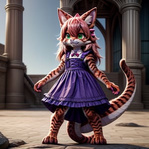 ((((full body)))), A majestic loli dragon neko stands before us. Her dark-scaled skin glistens in the soft, warm light, as if infused with an inner glow. Feline features are prominent - cat ears perked up and a long, fluffy tail extending from her posterior. A Lolita dress of mixed red, pink, and black patterns wraps around her slender form, creating a striking contrast against her dark scales. The overall composition is framed by a subtle gradient of blues and purples in the background, subtly evoking a sense of mystique and wonder.,green reptile hands,Monster girl,Dragon girl,furry,furry female,body fur,animal ear fluff,animal ears,fang