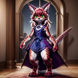 ((((full body)))), A majestic loli dragon neko stands before us. Her dark-scaled skin glistens in the soft, warm light, as if infused with an inner glow. Feline features are prominent - cat ears perked up and a long, fluffy tail extending from her posterior. A Lolita dress of mixed red, pink, and black patterns wraps around her slender form, creating a striking contrast against her dark scales. The overall composition is framed by a subtle gradient of blues and purples in the background, subtly evoking a sense of mystique and wonder.,green reptile hands,Monster girl,Dragon girl,furry,furry female,body fur,animal ear fluff,animal ears,fang