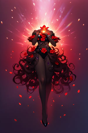 In a mystical forest bathed in soft, ethereal light, a headless young woman with long silver curly hair and striking red eyes poses eerily beautiful. Her dark skin glistens as she holds her own dissevered head in one hand, surrounded by intricate black bikini armor adorned with vibrant red flower accents that seem to pulsate with an otherworldly energy. The flowers' delicate petals and stems are textured with lifelike detail, contrasting stunningly against her dark skin tone. ((full body))