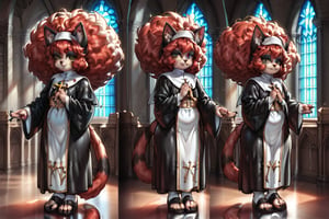 Child, girl, cat tail, cat ears, reddish black fur, huge afro, red hair,black fingernails,black toenails,habit,church, fullbody,fur skin,views,score_9,ssource_furry,furry,anthro,detailed fur,body fur,tuft,fluffy