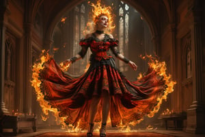 **The Flame's Embrace:** Imagine a gothic-inspired ritual where a girl composed of flames performs a dance in an old, gothic chapel. Her fiery dress and intricate, dark patterns create an enchanting contrast against the dim, candlelit surroundings.,Details,Skin texture,Details,Skin texture,Details,Skin texture,Details,Skin texture,Details,Skin texture,Details,Skin texture 