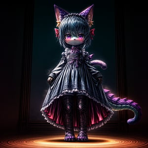 ((((full body)))), A majestic loli dragon neko stands before us. Her dark-scaled skin glistens in the soft, warm light, as if infused with an inner glow. Feline features are prominent - cat ears perked up and a long, fluffy tail extending from her posterior. A Lolita dress of mixed red, pink, and black patterns wraps around her slender form, creating a striking contrast against her dark scales. The overall composition is framed by a subtle gradient of blues and purples in the background, subtly evoking a sense of mystique and wonder.,green reptile hands,Monster girl,Dragon girl