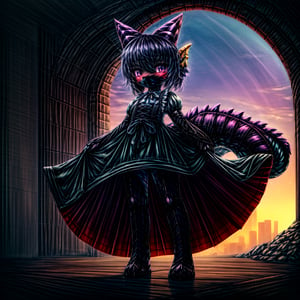 ((((full body)))), A majestic loli dragon neko stands before us. Her dark-scaled skin glistens in the soft, warm light, as if infused with an inner glow. Feline features are prominent - cat ears perked up and a long, fluffy tail extending from her posterior. A Lolita dress of mixed red, pink, and black patterns wraps around her slender form, creating a striking contrast against her dark scales. The overall composition is framed by a subtle gradient of blues and purples in the background, subtly evoking a sense of mystique and wonder.,green reptile hands,Monster girl,Dragon girl