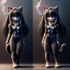 ((((full body)))),kunoichi, neko, girl, fur body, dark color fur, fluffy fur, pointy cat ears, long curly cat ears, absurdly long cherry hair, black eyes, smoke fur,cateyes, swimsuit 