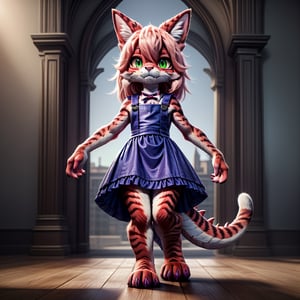 ((((full body)))), A majestic loli dragon neko stands before us. Her dark-scaled skin glistens in the soft, warm light, as if infused with an inner glow. Feline features are prominent - cat ears perked up and a long, fluffy tail extending from her posterior. A Lolita dress of mixed red, pink, and black patterns wraps around her slender form, creating a striking contrast against her dark scales. The overall composition is framed by a subtle gradient of blues and purples in the background, subtly evoking a sense of mystique and wonder.,green reptile hands,Monster girl,Dragon girl,furry,furry female,body fur,animal ear fluff,animal ears,fang