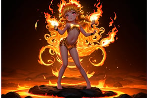 A fiery inferno engulfs the frame as a mesmerizing little girl's body is sculpted from blazing flames. Her porcelain-like skin glows with an ethereal warmth, as if kissed by the divine. Golden hues dance across her features, casting a radiant glow on the darkened surroundings. Full-body shot captures the fluid, fiery form, with tendrils of flame curling around her tiny hands and toes.,cartoon art