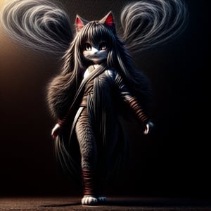 ((((full body)))),kunoichi, neko, girl, fur body, dark color fur, fluffy fur, pointy cat ears, long curly cat ears, absurdly long cherry hair, black eyes, smoke fur,cateyes