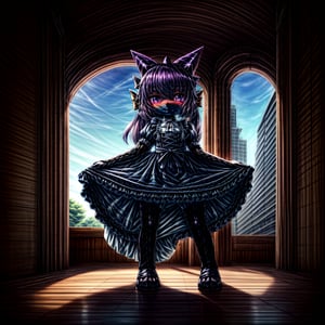 ((((full body)))), A majestic loli dragon neko stands before us. Her dark-scaled skin glistens in the soft, warm light, as if infused with an inner glow. Feline features are prominent - cat ears perked up and a long, fluffy tail extending from her posterior. A Lolita dress of mixed red, pink, and black patterns wraps around her slender form, creating a striking contrast against her dark scales. The overall composition is framed by a subtle gradient of blues and purples in the background, subtly evoking a sense of mystique and wonder.,green reptile hands,Monster girl,Dragon girl