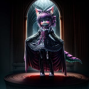 ((((full body)))), A majestic loli dragon neko stands before us. Her dark-scaled skin glistens in the soft, warm light, as if infused with an inner glow. Feline features are prominent - cat ears perked up and a long, fluffy tail extending from her posterior. A Lolita dress of mixed red, pink, and black patterns wraps around her slender form, creating a striking contrast against her dark scales. The overall composition is framed by a subtle gradient of blues and purples in the background, subtly evoking a sense of mystique and wonder.,green reptile hands,Monster girl,Dragon girl