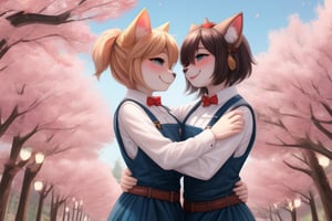 Two Neko girls in a vibrant fantasy setting, one with fur-covered features and a playful expression, engaging in a tender moment. The scene depicts the futa sister affectionately embracing her sibling, creating a warm atmosphere filled with love. Include a speech bubble that reads 'Love you, sis,' capturing their close bond. The background should feature whimsical elements like cherry blossom trees and soft pastel colors to enhance the overall affectionate