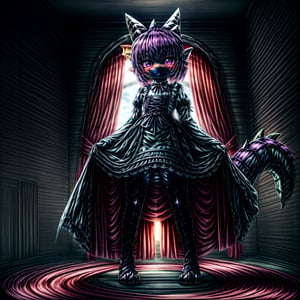 ((((full body)))), A majestic loli dragon neko stands before us. Her dark-scaled skin glistens in the soft, warm light, as if infused with an inner glow. Feline features are prominent - cat ears perked up and a long, fluffy tail extending from her posterior. A Lolita dress of mixed red, pink, and black patterns wraps around her slender form, creating a striking contrast against her dark scales. The overall composition is framed by a subtle gradient of blues and purples in the background, subtly evoking a sense of mystique and wonder.,green reptile hands,Monster girl,Dragon girl