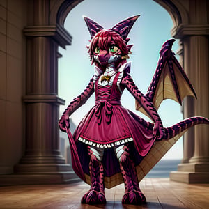 ((((full body)))), A majestic loli dragon neko stands before us. Her dark-scaled skin glistens in the soft, warm light, as if infused with an inner glow. Feline features are prominent - cat ears perked up and a long, fluffy tail extending from her posterior. A Lolita dress of mixed red, pink, and black patterns wraps around her slender form, creating a striking contrast against her dark scales. The overall composition is framed by a subtle gradient of blues and purples in the background, subtly evoking a sense of mystique and wonder.,green reptile hands,Monster girl,Dragon girl,furry,furry female,body fur,animal ear fluff,animal ears,fang