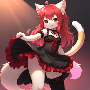 A majestic loli dragon neko stands proudly, her dark-scaled skin glistening in the warm light. Feline features are showcased through her striking cat ears and long, fluffy tail that unfurls from behind her. A vibrant lolita dress adorns her figure, featuring a swirling mix of red, pink, and black patterns that seem to dance across her form as she poses confidently.