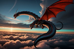 A majestic snake-like dragon with sharp claws soars through a turbulent sky, her metallic red and black scales shimmering as she weaves between the clouds.