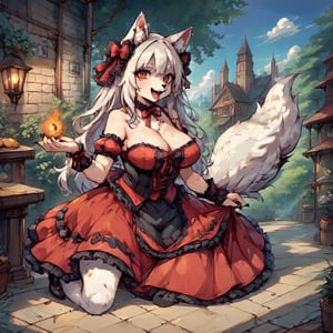 Wolf Girl in Gothic Lolita attire: a full-body portrait of a mystical figure with white fur covering her entire body, including ears and tail. Her piercing red eyes seem to hold a secrets as she poses confidently amidst a mysterious atmosphere. Score: 9+. Anime-inspired illustration with a hint of furry fantasy.,score_9,score_8_up,score_7_up,source_anime,BREAK,furry