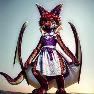 ((((full body)))), A majestic loli dragon neko stands before us. Her dark-scaled skin glistens in the soft, warm light, as if infused with an inner glow. Feline features are prominent - cat ears perked up and a long, fluffy tail extending from her posterior. A Lolita dress of mixed red, pink, and black patterns wraps around her slender form, creating a striking contrast against her dark scales. The overall composition is framed by a subtle gradient of blues and purples in the background, subtly evoking a sense of mystique and wonder.,green reptile hands,Monster girl,Dragon girl,furry,furry female,body fur,animal ear fluff,animal ears,fang