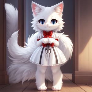 white neko girl, white cat ears, fluffy fur, fur body, white fur body, white fur, white fluffy cat tail, ((((full body)))), ((one tail)), two ears,cat eyes,split pupils, red gothic lolita, detail eyes