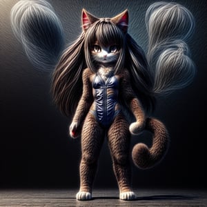 ((((full body)))),kunoichi, neko, girl, fur body, dark color fur, fluffy fur, pointy cat ears, long curly cat ears, absurdly long cherry hair, black eyes, smoke fur,cateyes, swimsuit 