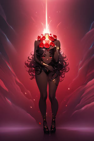 In a mystical forest bathed in soft, ethereal light, a headless young woman with long silver curly hair and striking red eyes poses eerily beautiful. Her dark skin glistens as she holds her own dissevered head in one hand, surrounded by intricate black bikini armor adorned with vibrant red flower accents that seem to pulsate with an otherworldly energy. The flowers' delicate petals and stems are textured with lifelike detail, contrasting stunningly against her dark skin tone. ((full body))