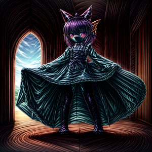 ((((full body)))), A majestic loli dragon neko stands before us. Her dark-scaled skin glistens in the soft, warm light, as if infused with an inner glow. Feline features are prominent - cat ears perked up and a long, fluffy tail extending from her posterior. A Lolita dress of mixed red, pink, and black patterns wraps around her slender form, creating a striking contrast against her dark scales. The overall composition is framed by a subtle gradient of blues and purples in the background, subtly evoking a sense of mystique and wonder.,green reptile hands,Monster girl,Dragon girl