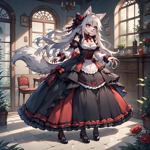 wolf girl,fur body,white wolf fur,white wolf ears,red eyes,white wolf tail, gothic lolita,full body,score_9,score_8_up,score_7_up,source_anime,BREAK,anthro